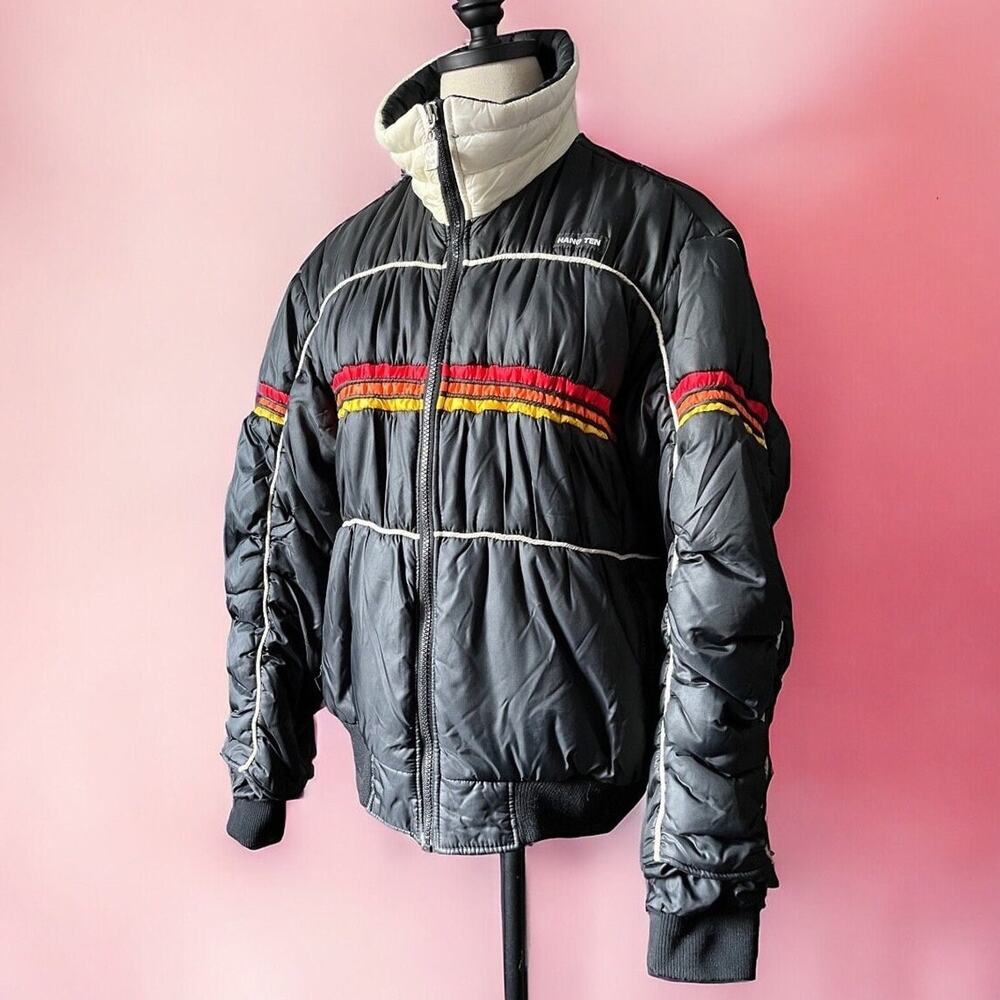 Vintage 70s Ski Puffer Jacket | Racing Stripe Nylon Bomber | Retro Après Ski | L
